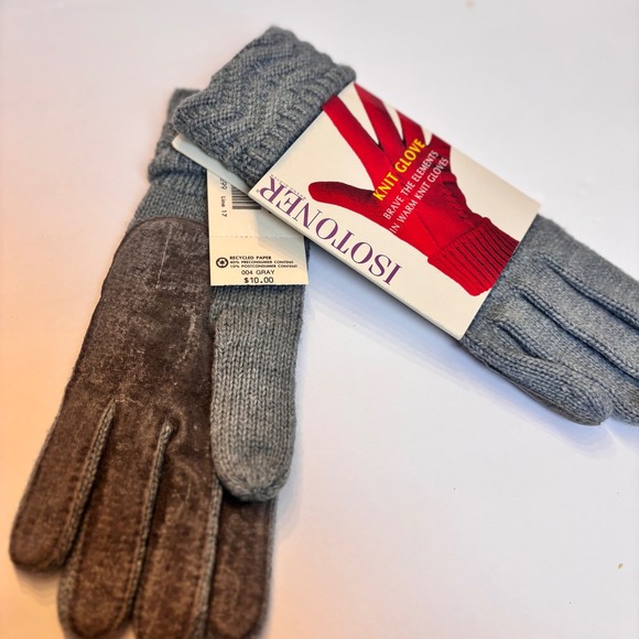 Isotoner Womens Knit Gloves Gray Suede Trim Winter Accessories  early 90s NWT - Picture 2 of 5